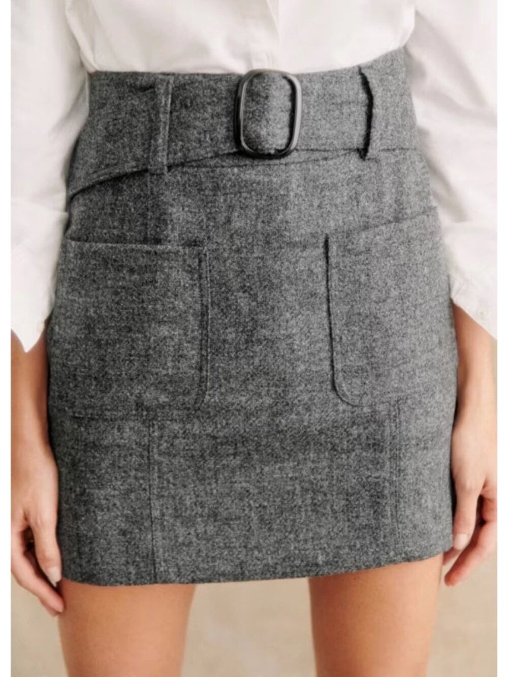 NWT Sezane Gillie Mini in Gray Anthracite Wool Belted Short Skirt 36 / 4
